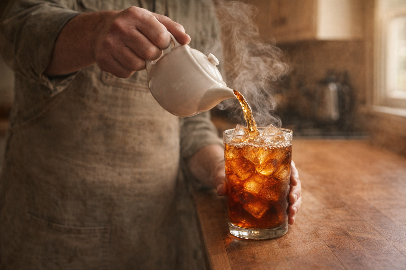 A person pouring brewed tea over a glass filled with ice cubes, steam rising, motion blur, warm kitchen ambiance